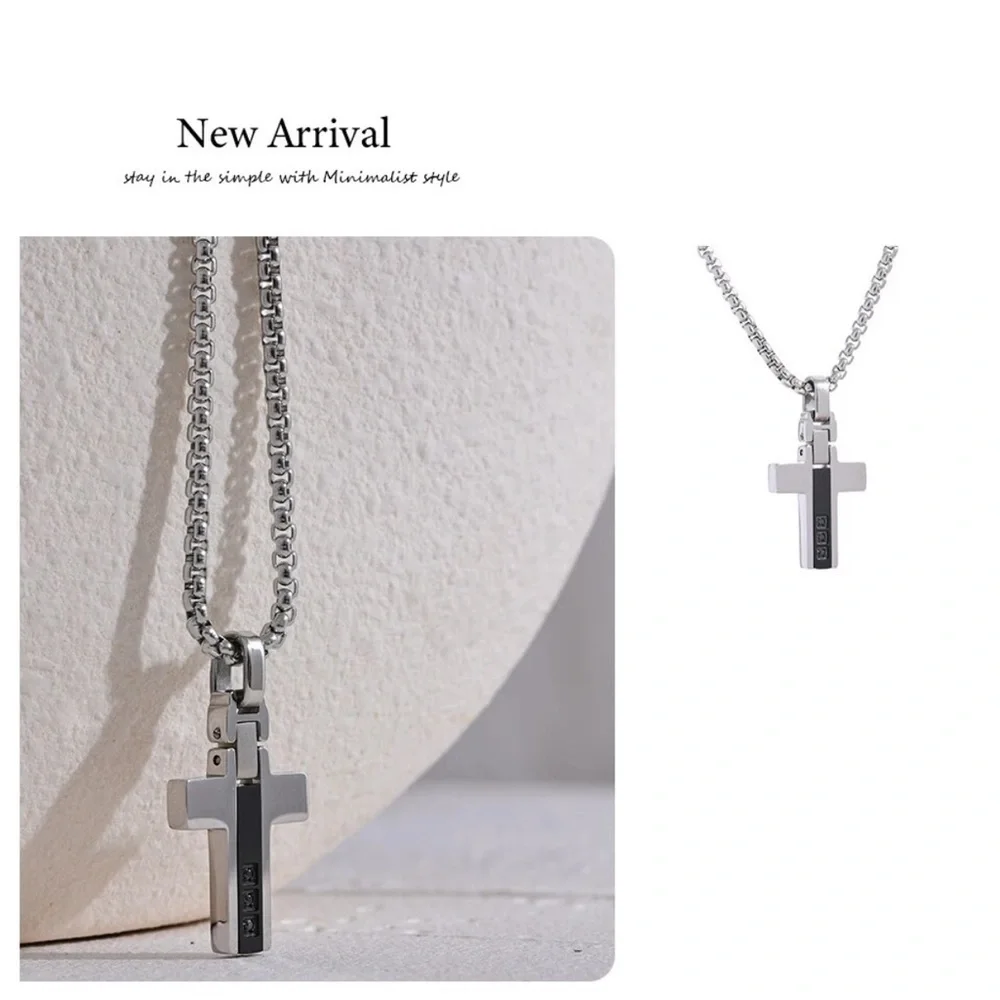 Mens Silver Enamel Zircon Cross Necklace